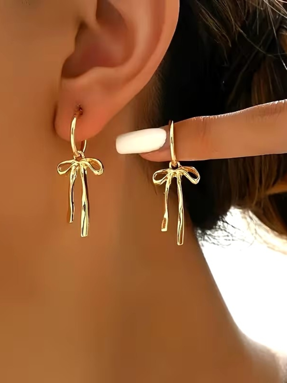 Gold Bow Drop Hoop Earrings - Elegant Women Jewelry